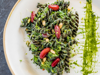 Assiette de pâtes et de légumes verts stylisée en lumière naturelle