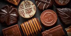 Chocolats disposés sur un fond coloré en studio